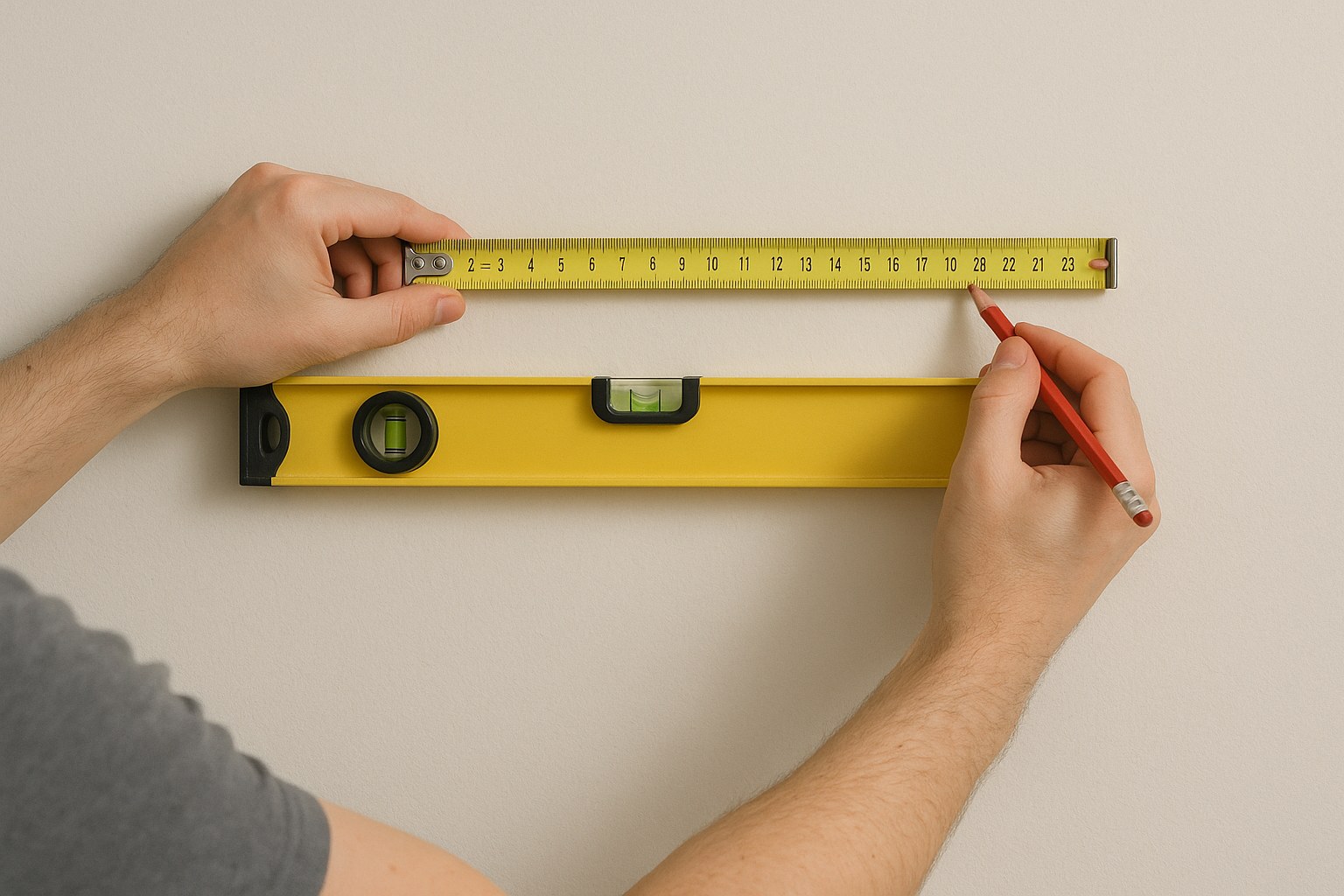 A person planning a shelf installation on a wall