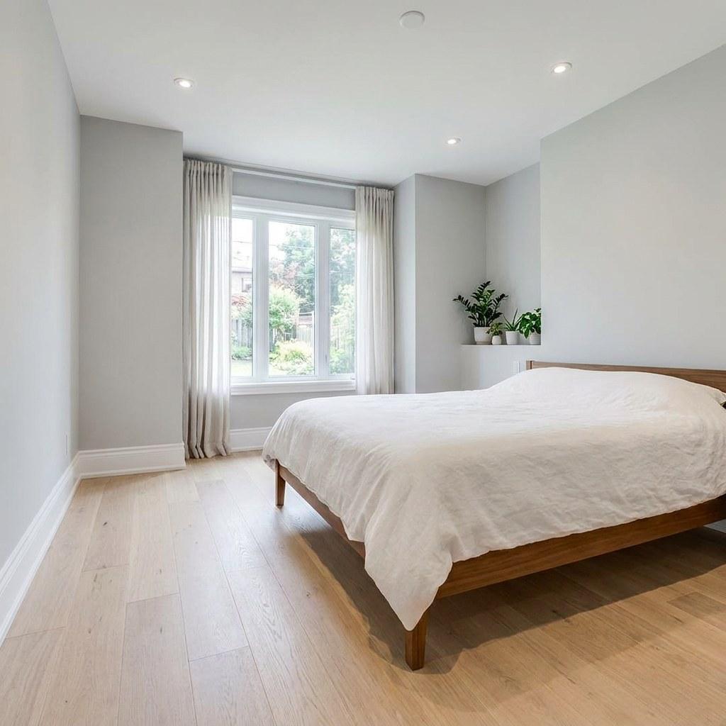 A newly renovated primary bedroom with updated flooring and modern lighting.