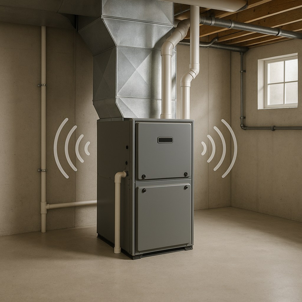 A home furnace unit with illustrative sound waves indicating it is making noise