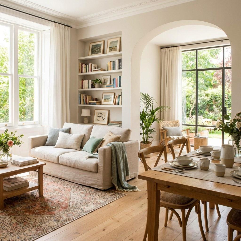 A calm and organized living room representing stress free homeownership