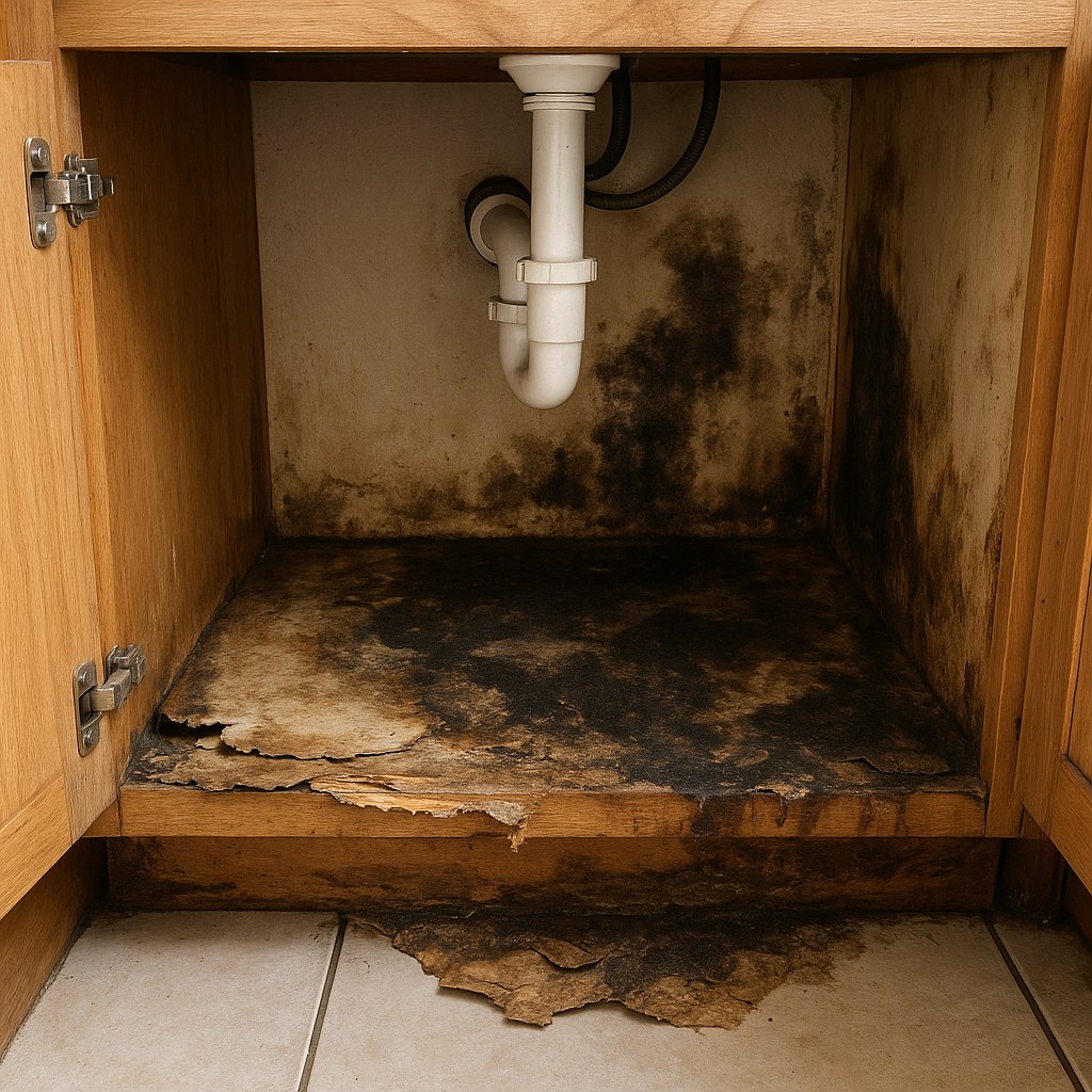 A kitchen cabinet under a sink showing signs of water damage like swollen wood and stains