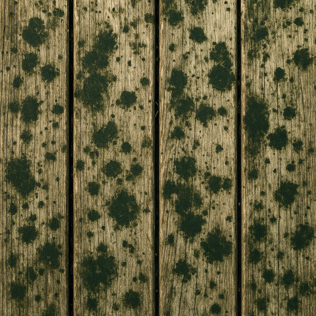 Close-up of mold growing on a weathered wooden deck